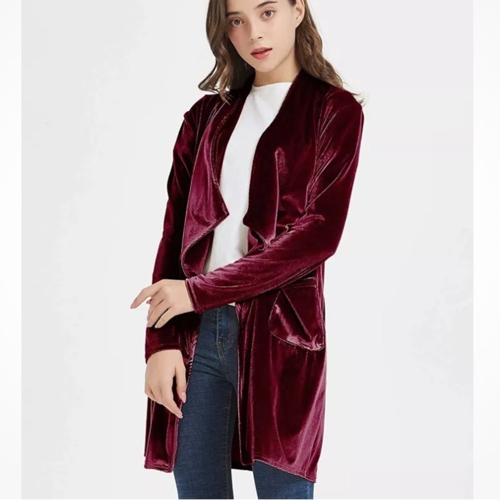 FUTURINO Burgundy Velour Waterfall Cardigan Open Front Pockets Size M